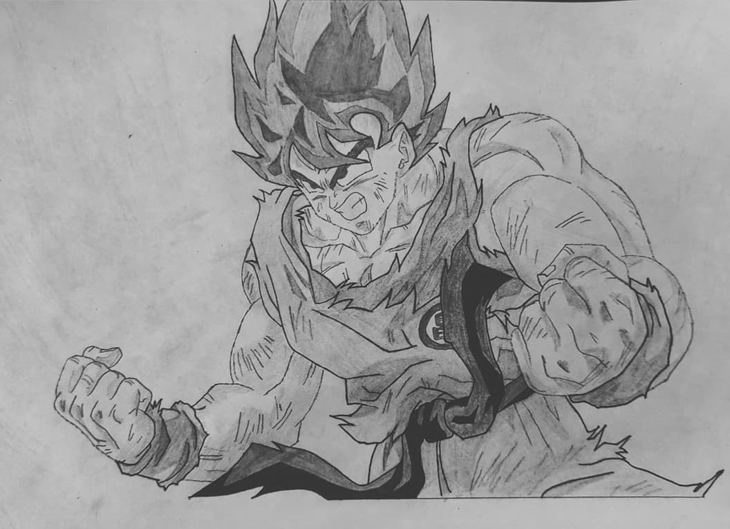 Hand-drawn pencil sketch of a Dragon Ball Z character