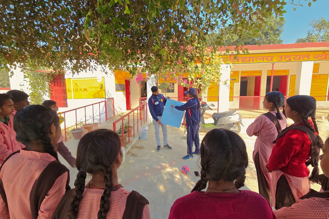 Harsh leading a workshop with students at a school in India